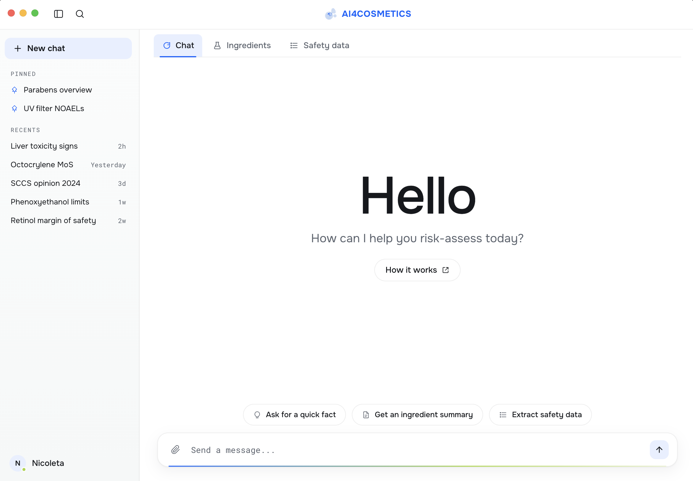 AI4Cosmetics workspace: chat, ingredients and safety data in one interface.